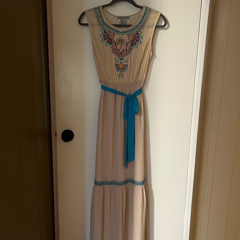 Flying Tomato Cream Maxi Dress with Turquoise Embroidery